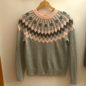 JCrew Fair Isle Cotton Grey Sweater with Pink Accents